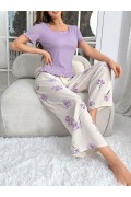 Kadın Mor Çiçek Desenli Yumuşak Pamuklu Uzun Pijama Takımı 5133 Mor