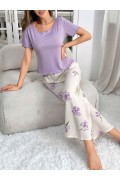 Kadın Mor Çiçek Desenli Yumuşak Pamuklu Uzun Pijama Takımı 5133 Mor