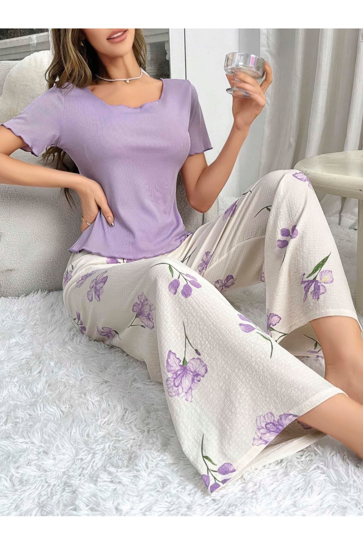 Kadın Mor Çiçek Desenli Yumuşak Pamuklu Uzun Pijama Takımı 5133 Mor