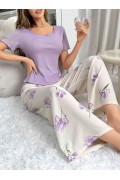 Kadın Mor Çiçek Desenli Yumuşak Pamuklu Uzun Pijama Takımı 5133 Mor