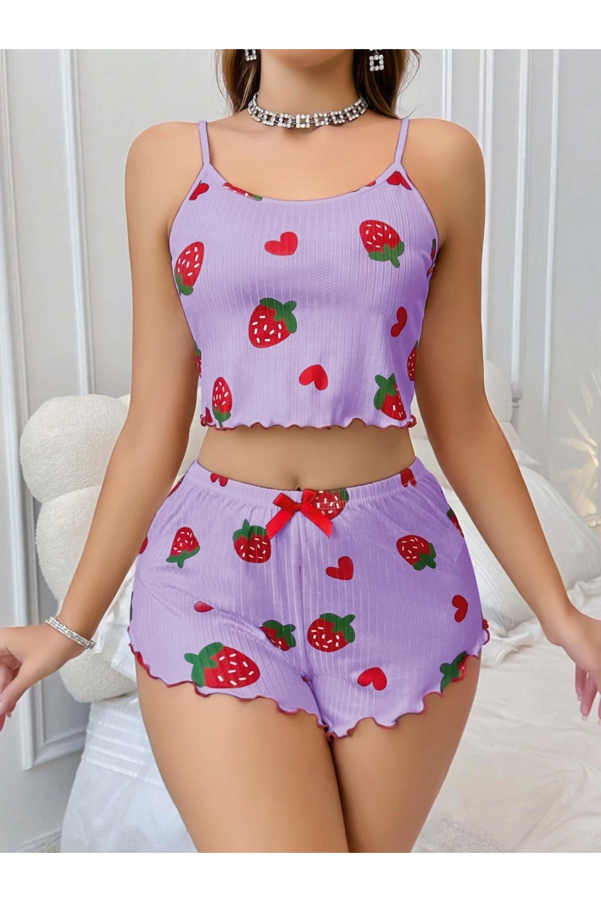 Kadın Mor Çilek desenli Şortlu Pijama Takımı 5061 S/M