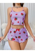 Kadın Mor Çilek desenli Şortlu Pijama Takımı 5061 S/M