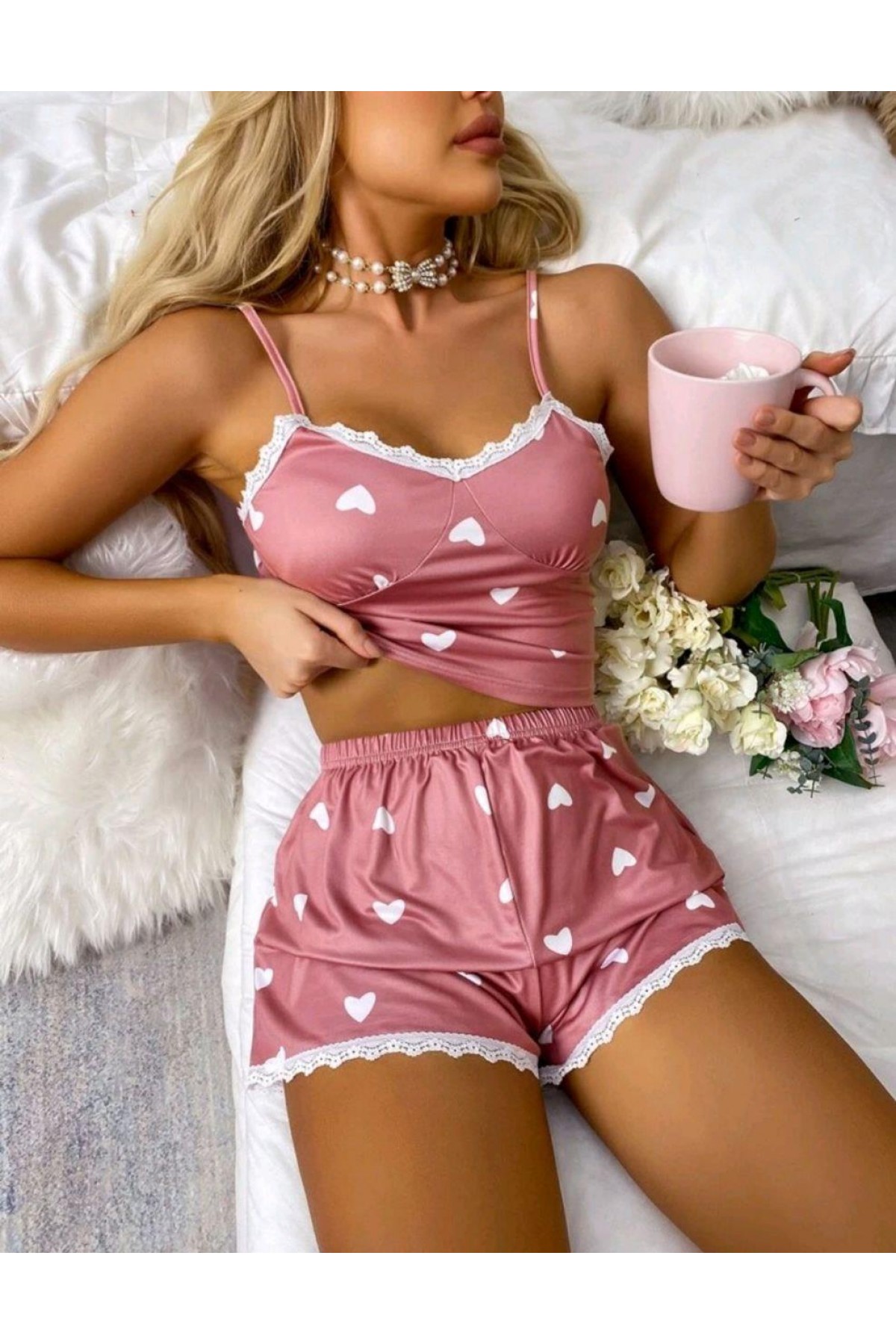 Kadın Pembe Askılı Şortlu Pijama Takım 6653 Pembe