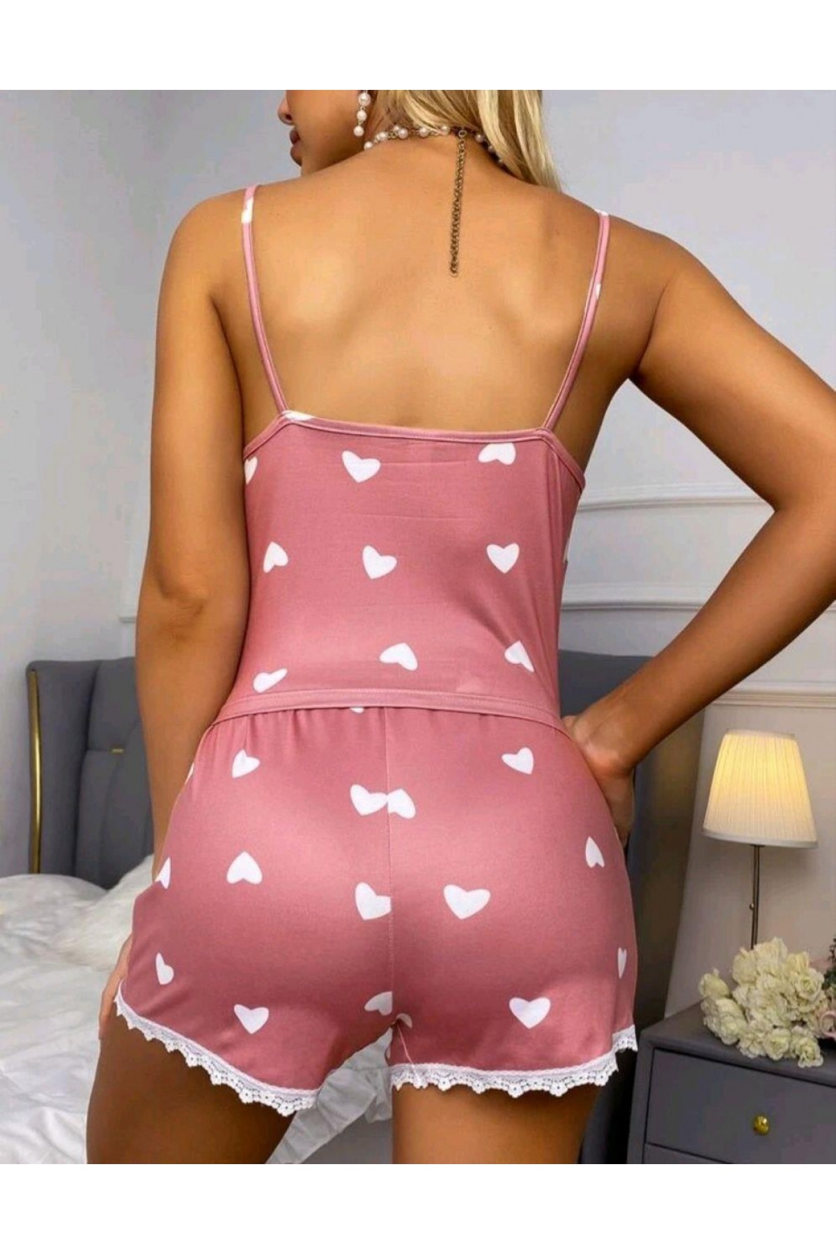 Kadın Pembe Askılı Şortlu Pijama Takım 6653 Pembe