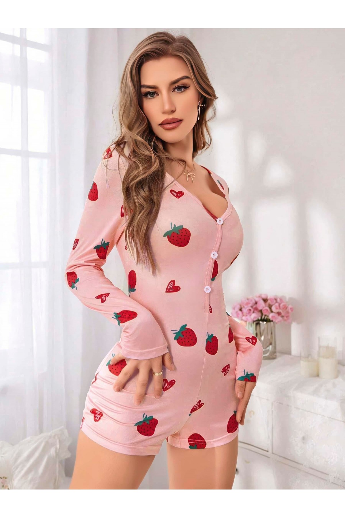 Kadın Pembe Çilek Desenli Pijama Tulumu 5125 S/M