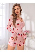 Kadın Pembe Çilek Desenli Pijama Tulumu 5125 S/M