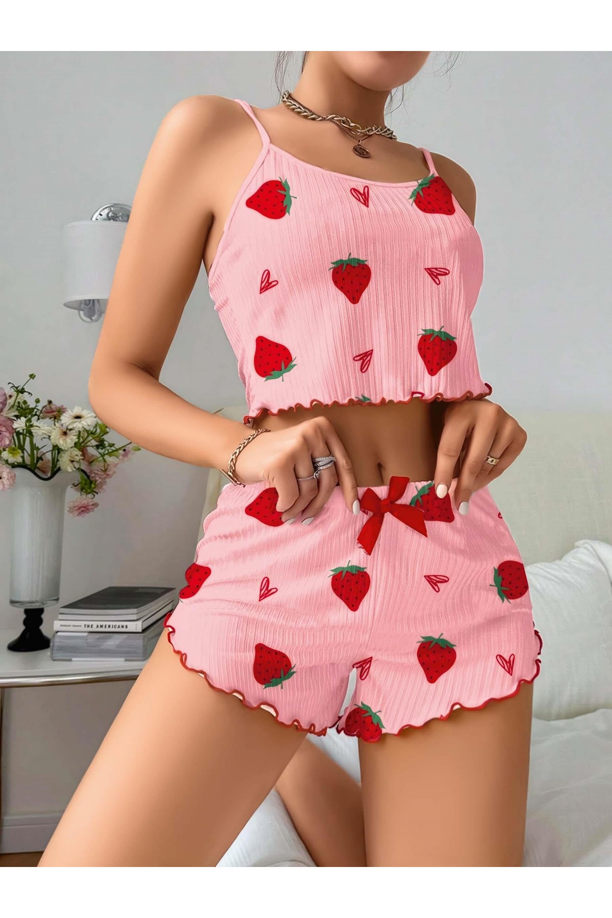 Kadın Pembe Çilek desenli Şortlu Pijama Takımı 5056 S/M