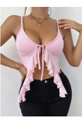 Kadın Pembe Crop Askılı Önden Bağlama Fırfır detaylı 5090 S/M