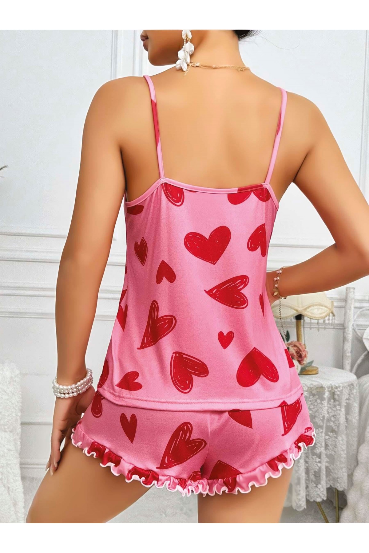 Kadın Pembe Kalp Baskılı Şortlu Gecelik Pijama Takımı 5050 S/M