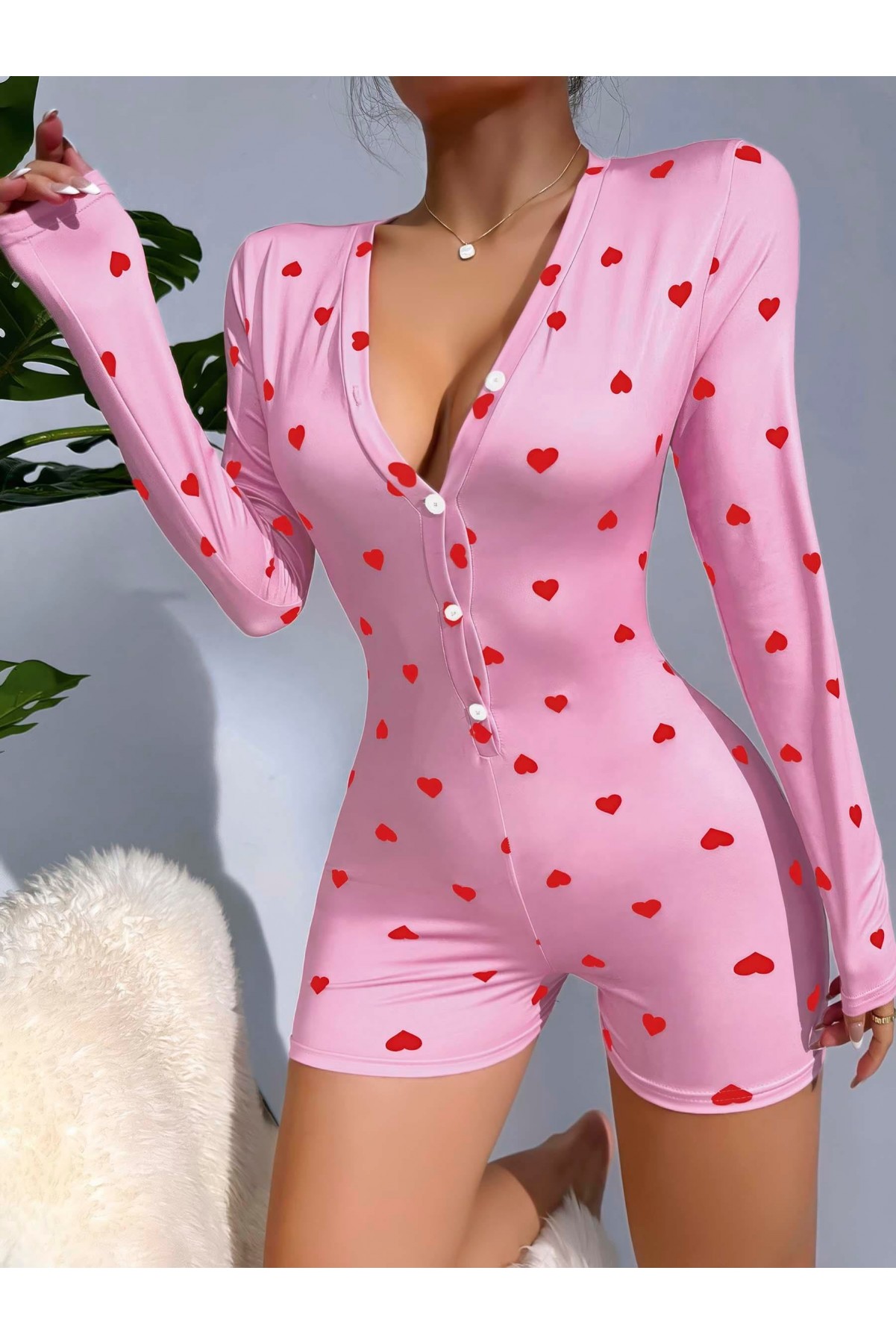 Kadın Pembe Kalp Desenli Pijama Tulumu 5121 S/M