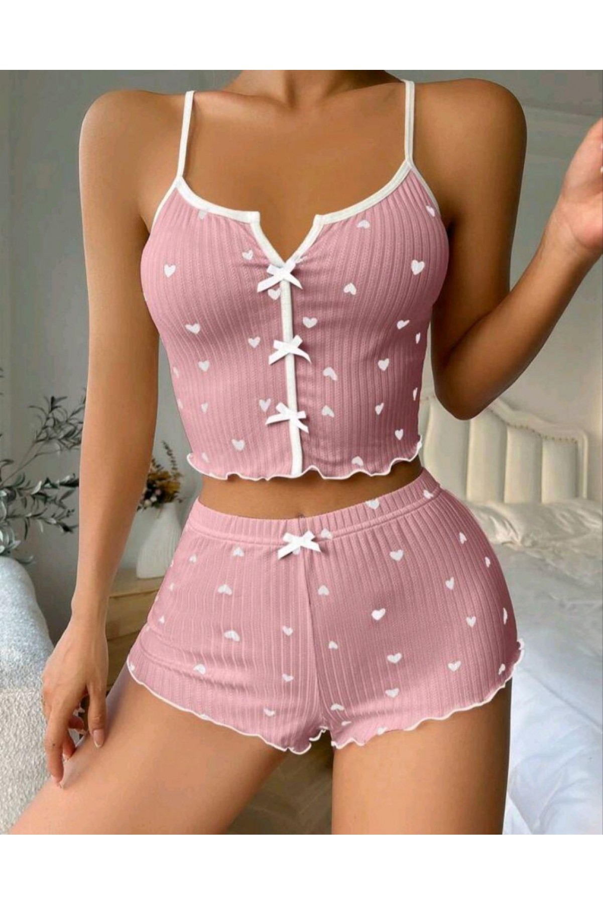 Kadın Pembe Kalpli Askılı Şortlu Pijama Takım 6654 Pembe