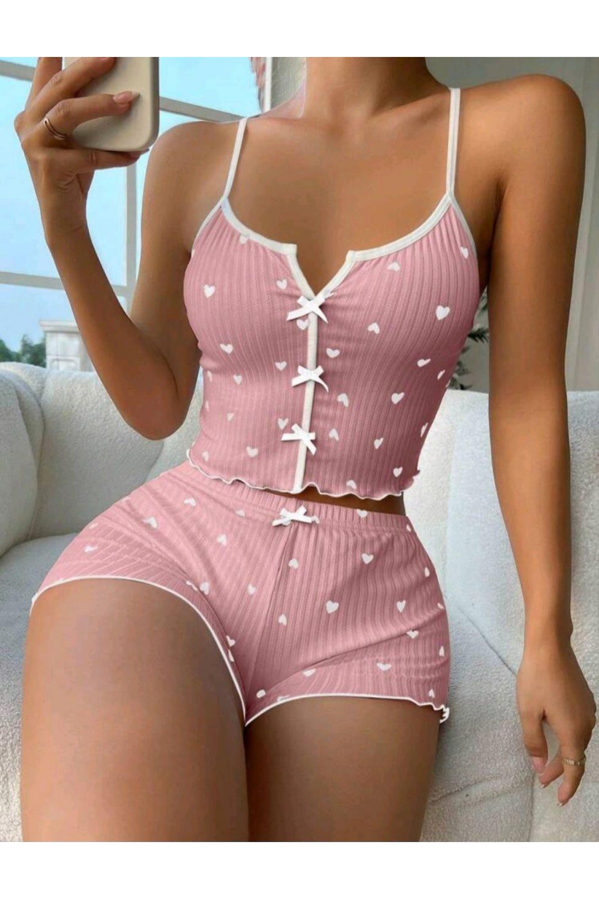 Kadın Pembe Kalpli Askılı Şortlu Pijama Takım 6654 Pembe