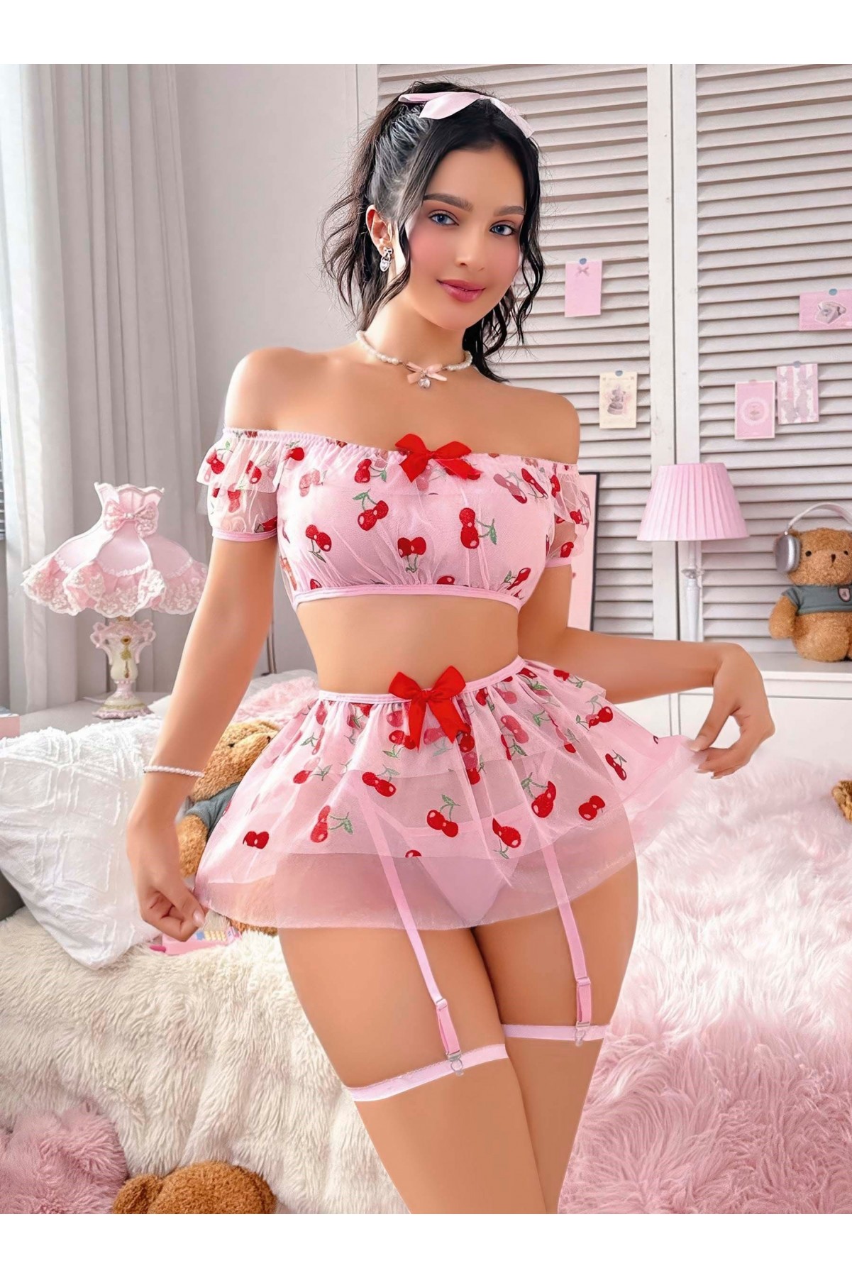 Kadın Pembe Kiraz Desenli ve Fiyonk Detaylı Fantezi Kostüm 2263 Pembe