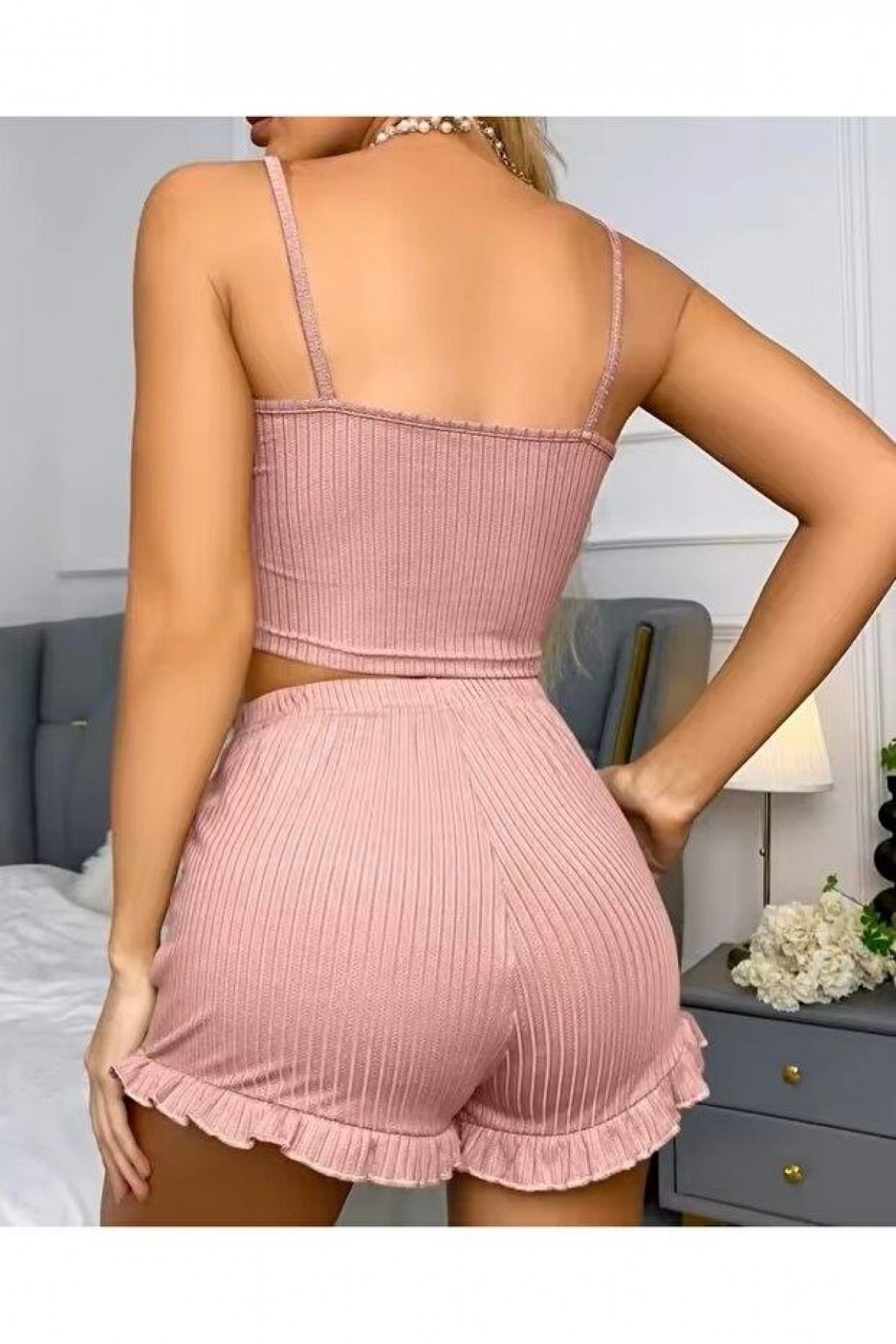 Kadın Pudra Dantel Detaylı Şortlu Gecelik Pijama Takımı 5015 S/M