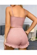 Kadın Pudra Dantel Detaylı Şortlu Gecelik Pijama Takımı 5015 S/M
