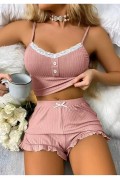 Kadın Pudra Dantel Detaylı Şortlu Gecelik Pijama Takımı 5015 S/M