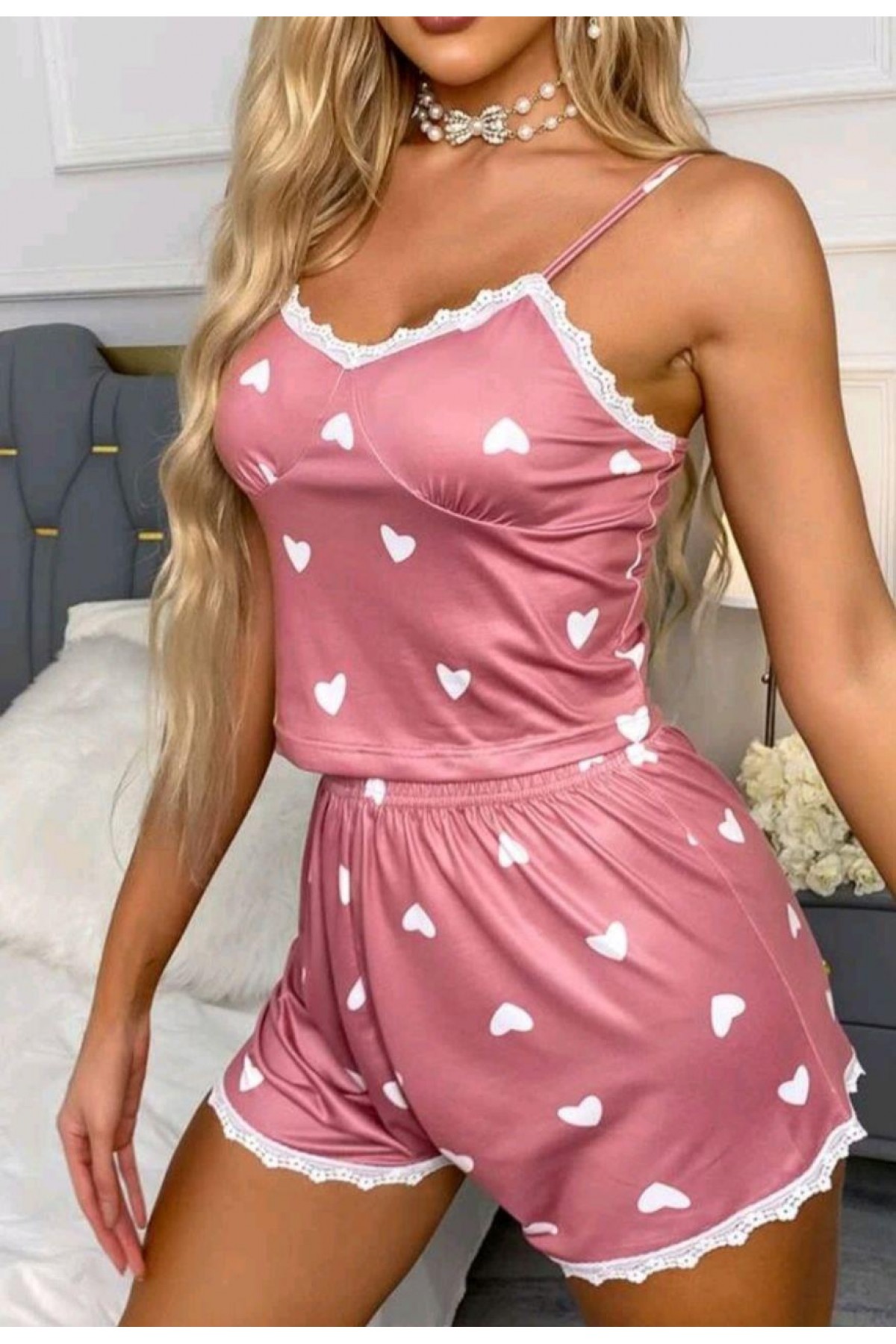 Kadın Pudra Kalp Desenli Seksi Gecelik Takım 6641 S/M