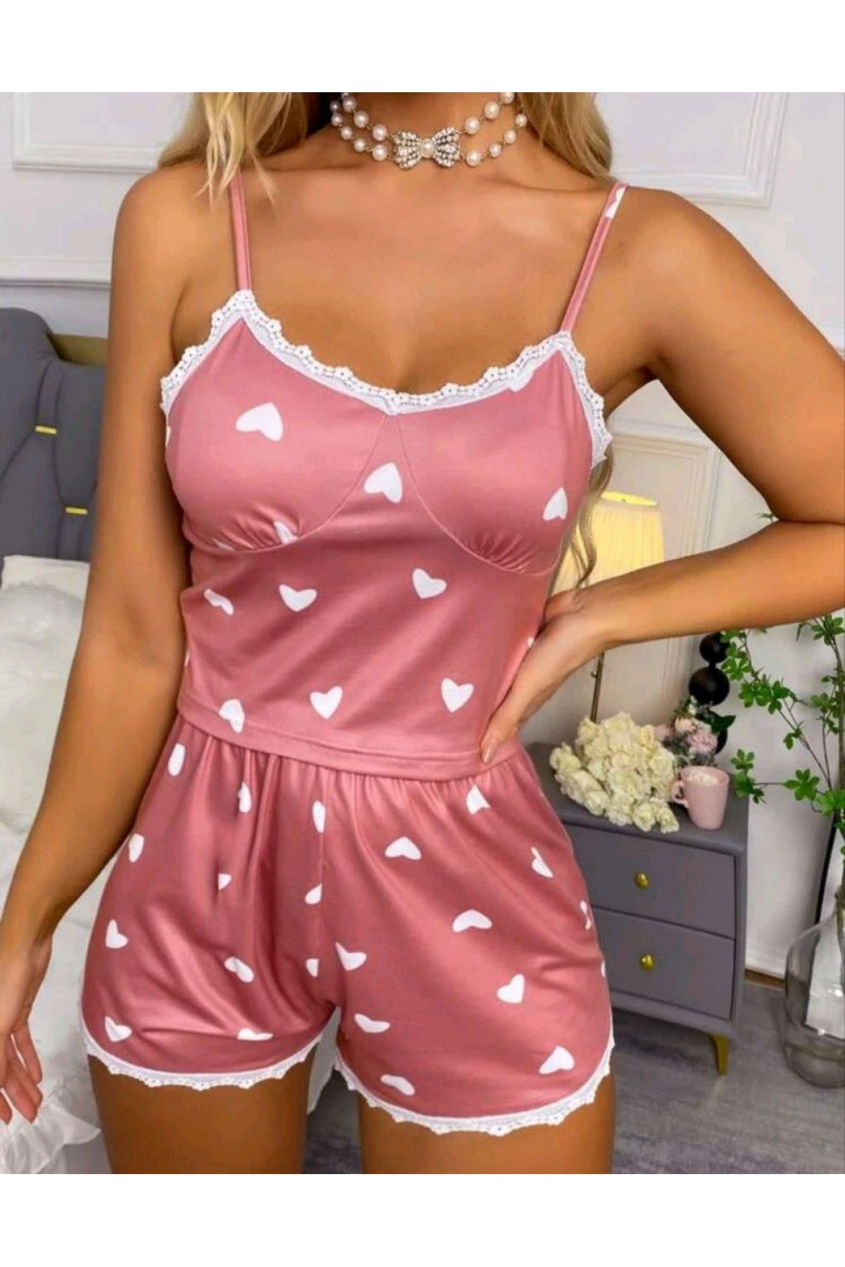 Kadın Pudra Kalp Desenli Seksi Gecelik Takım 6641 S/M