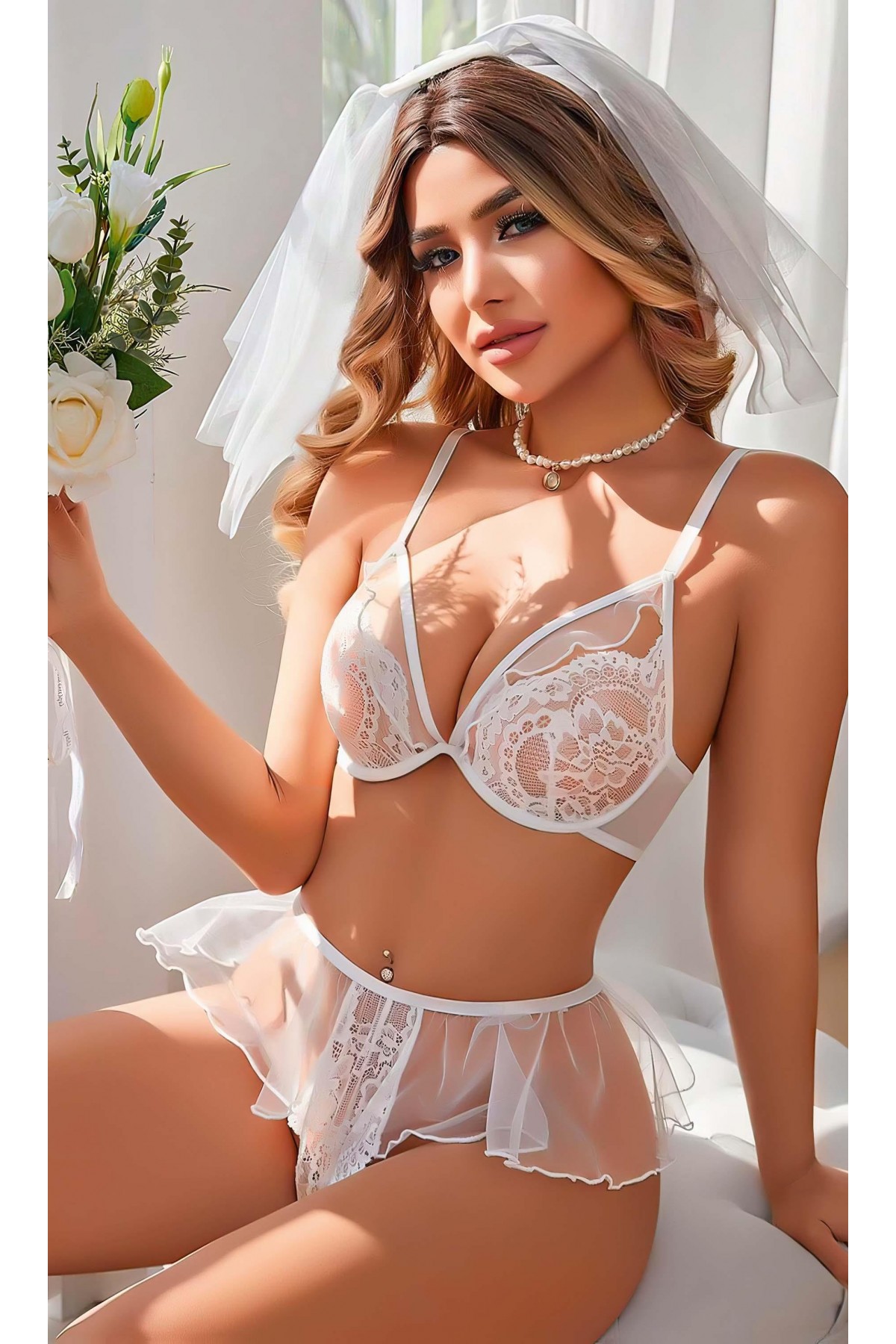 Kadın Seksi Beyaz Dantel Fantazi Kostümü 3828 S/M