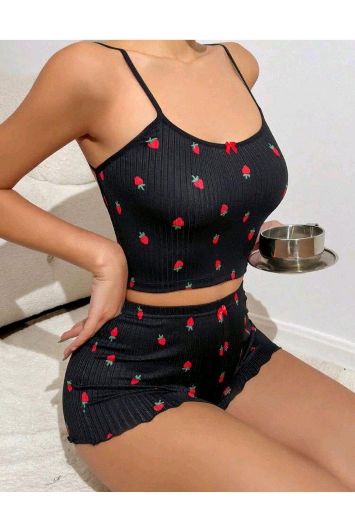 Kadın Siyah Çilek Desenli Seksi Gecelik Takım 6644 SİYAH