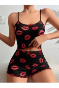Kadın Siyah Dudak Desenli Şortlu Pijama Takımı 5057 SİYAH