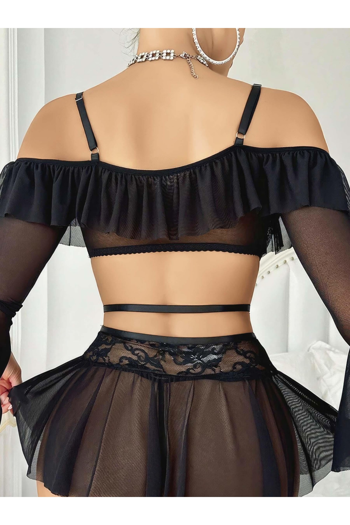 Kadın Siyah Etek Bustiyer Sexy Gecelik Takım 3831 SİYAH