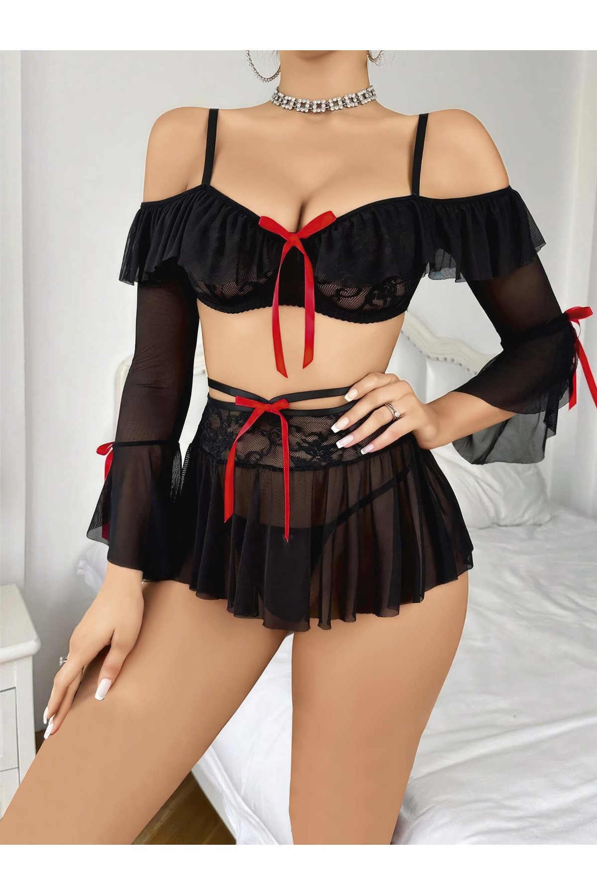 Kadın Siyah Etek Bustiyer Sexy Gecelik Takım 3831 SİYAH