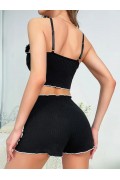 Kadın Siyah Fitilli Askılı Şortlu Pijama Takım 6659 SİYAH