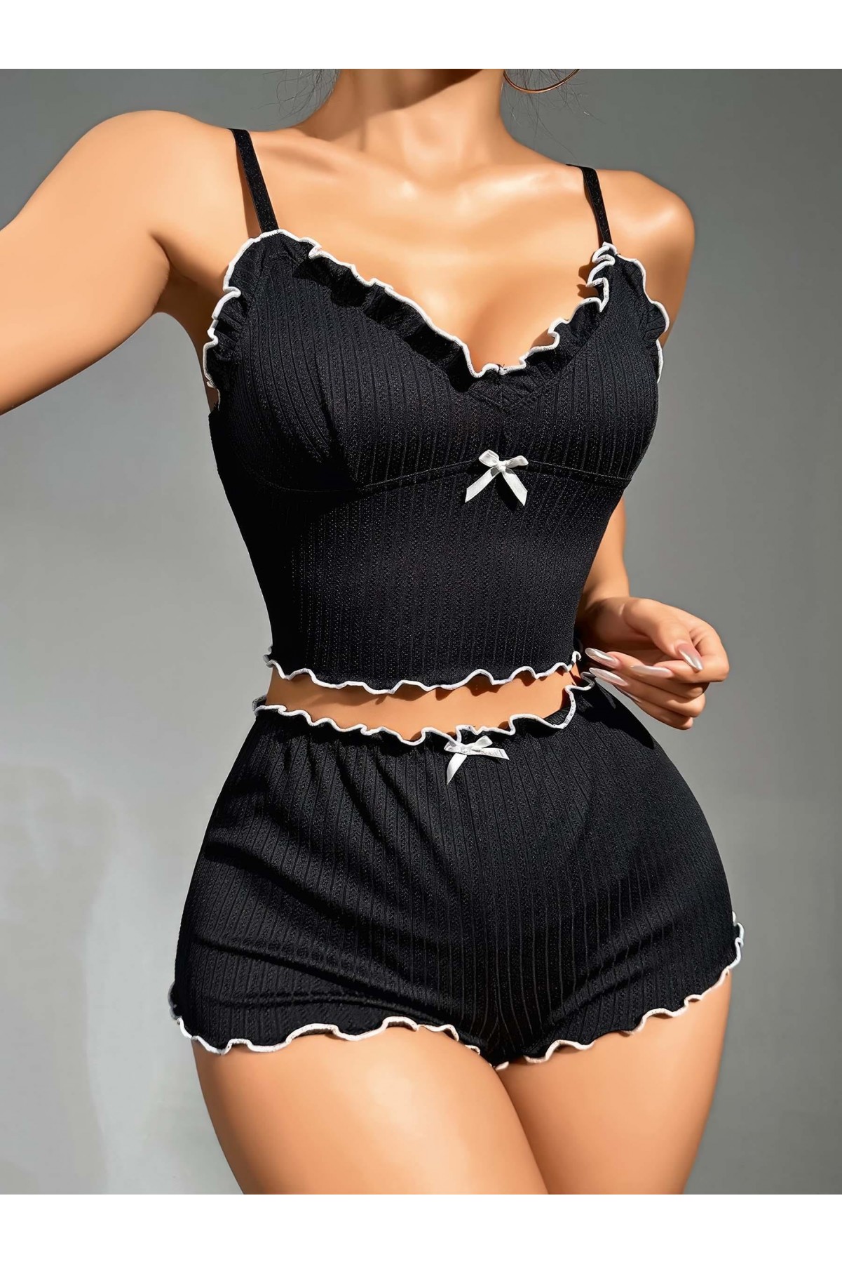 Kadın Siyah Fitilli Askılı Şortlu Pijama Takım 6659 SİYAH