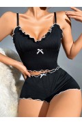 Kadın Siyah Fitilli Askılı Şortlu Pijama Takım 6659 SİYAH