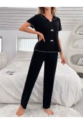 Kadın Siyah Fiyonk Detaylı Yumuşak Pamuklu Uzun Pijama Takımı 5130 SİYAH