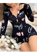 Kadın Siyah Kalp Desenli Love Yazılı Pijama Tulumu 5124 SİYAH