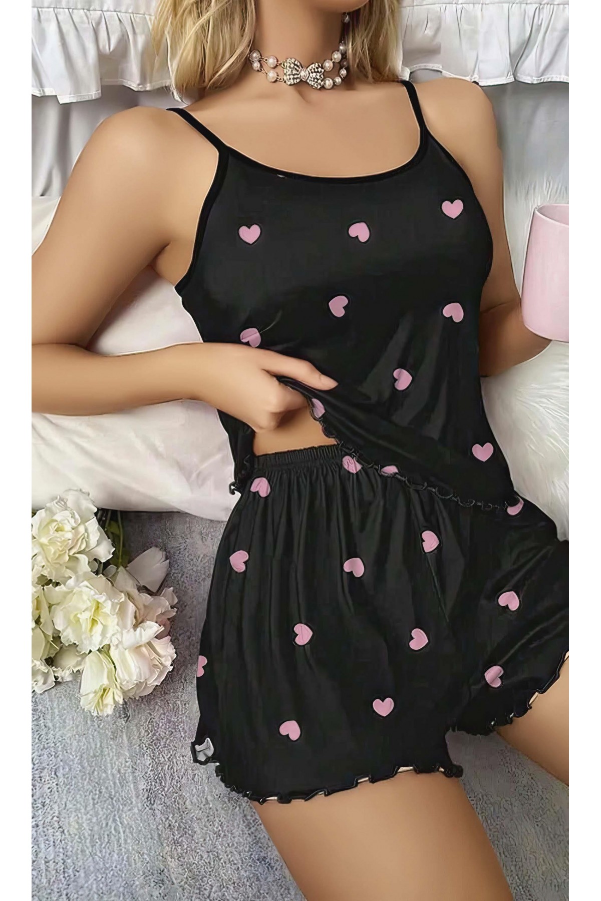Kadın Siyah Kalp Desenli Seksi Gecelik Takım 6660 SİYAH