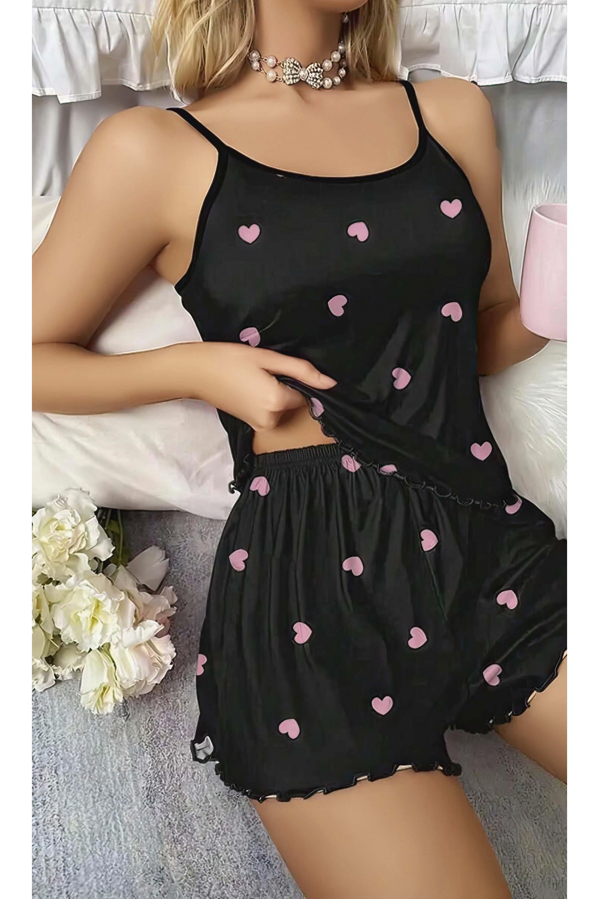 Kadın Siyah Kalp Desenli Seksi Gecelik Takım 6660 SİYAH