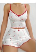 Kadın Vişne Desenli Dantel Askılı Şortlu Pijama Takımı 5193 Beyaz
