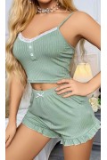 Kadın Yeşil Dantel Detaylı Şortlu Gecelik Pijama Takımı 5014 Yeşil