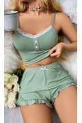 Kadın Yeşil Dantel Detaylı Şortlu Gecelik Pijama Takımı 5014 Yeşil