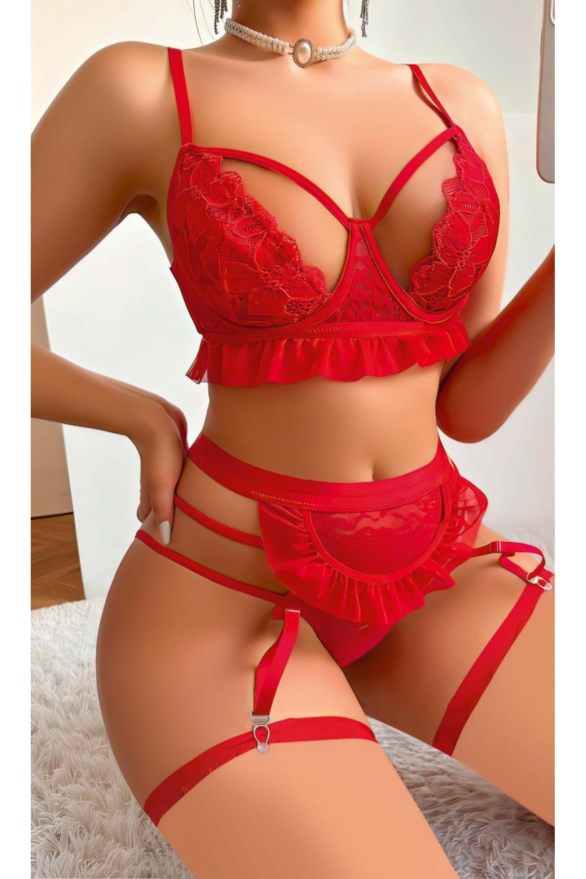 Kırmızı Hizmetçi Kostüm Bacak Bantlı Fantazi Gecelik 2084 S/M