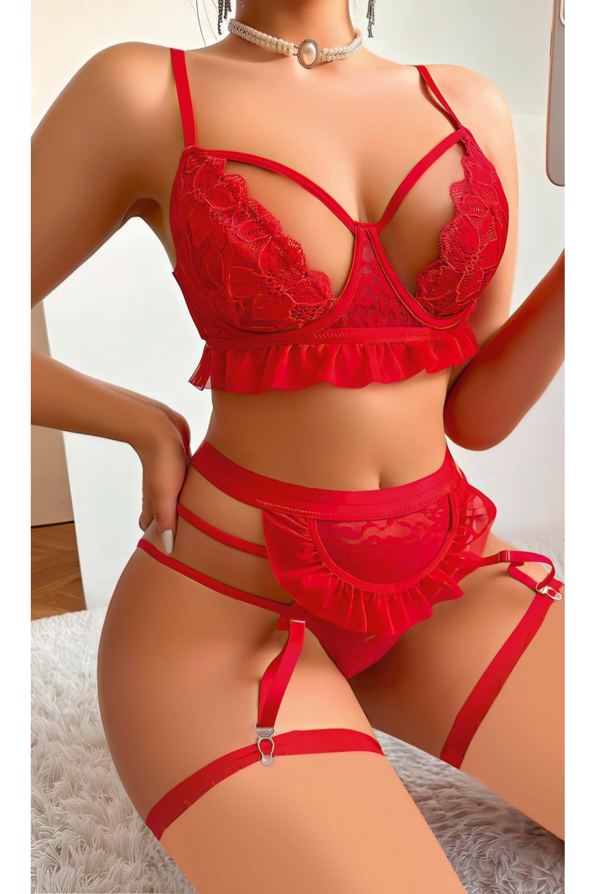 Kırmızı Hizmetçi Kostüm Bacak Bantlı Fantazi Gecelik 2084 S/M