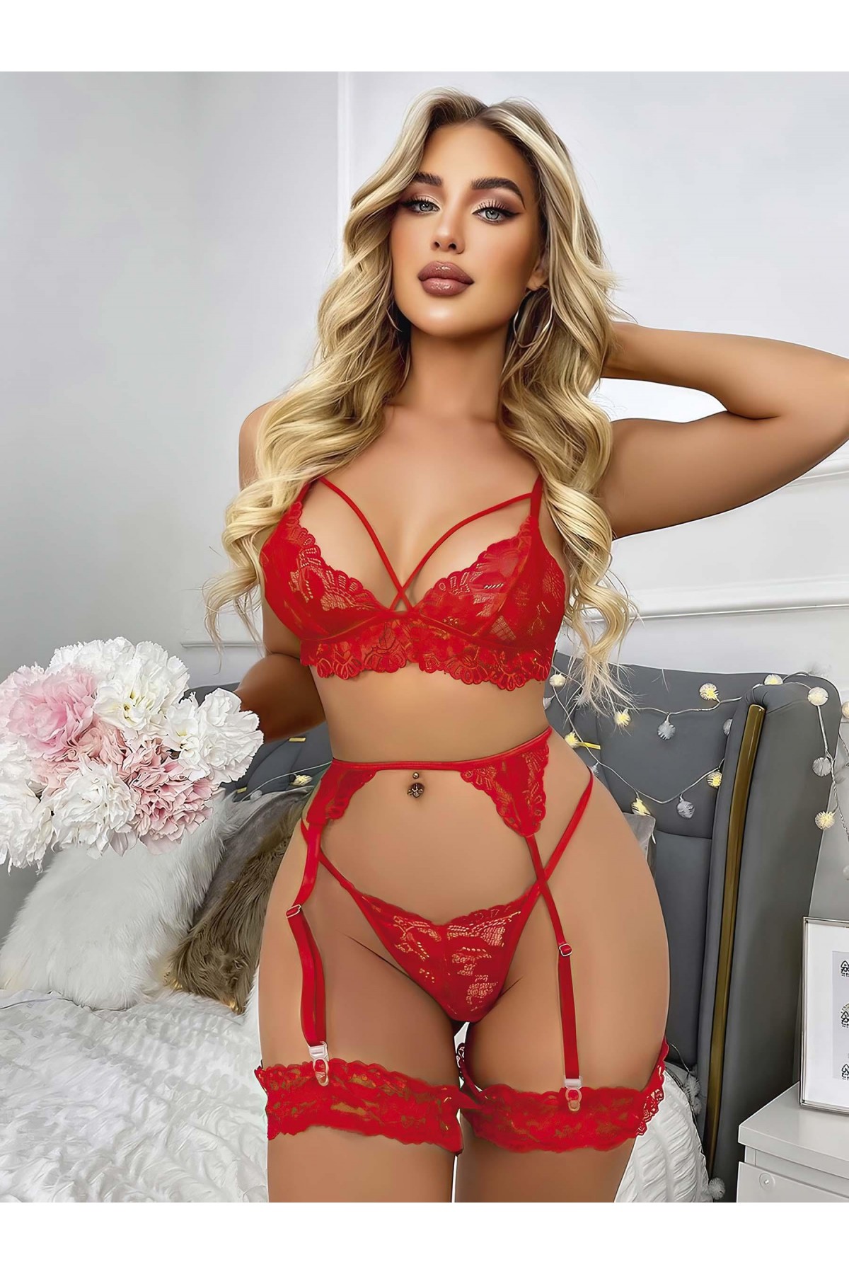 Kırmızı Jartiyer  Fantazi 5'li Takım 2069 S/M