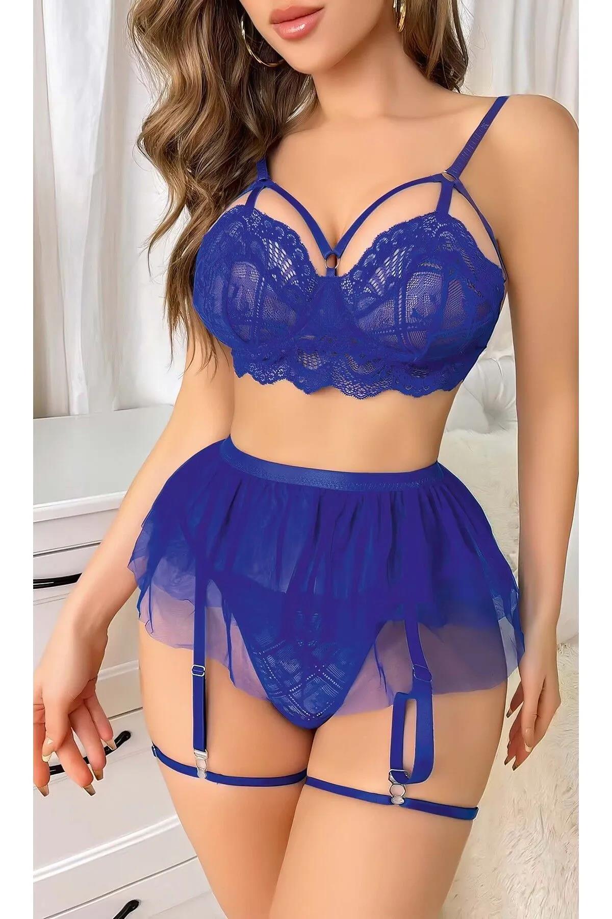 Mavi Bel Tüllü Kadın Seksi Fantazi Jartiyer Takım 2092 S/M