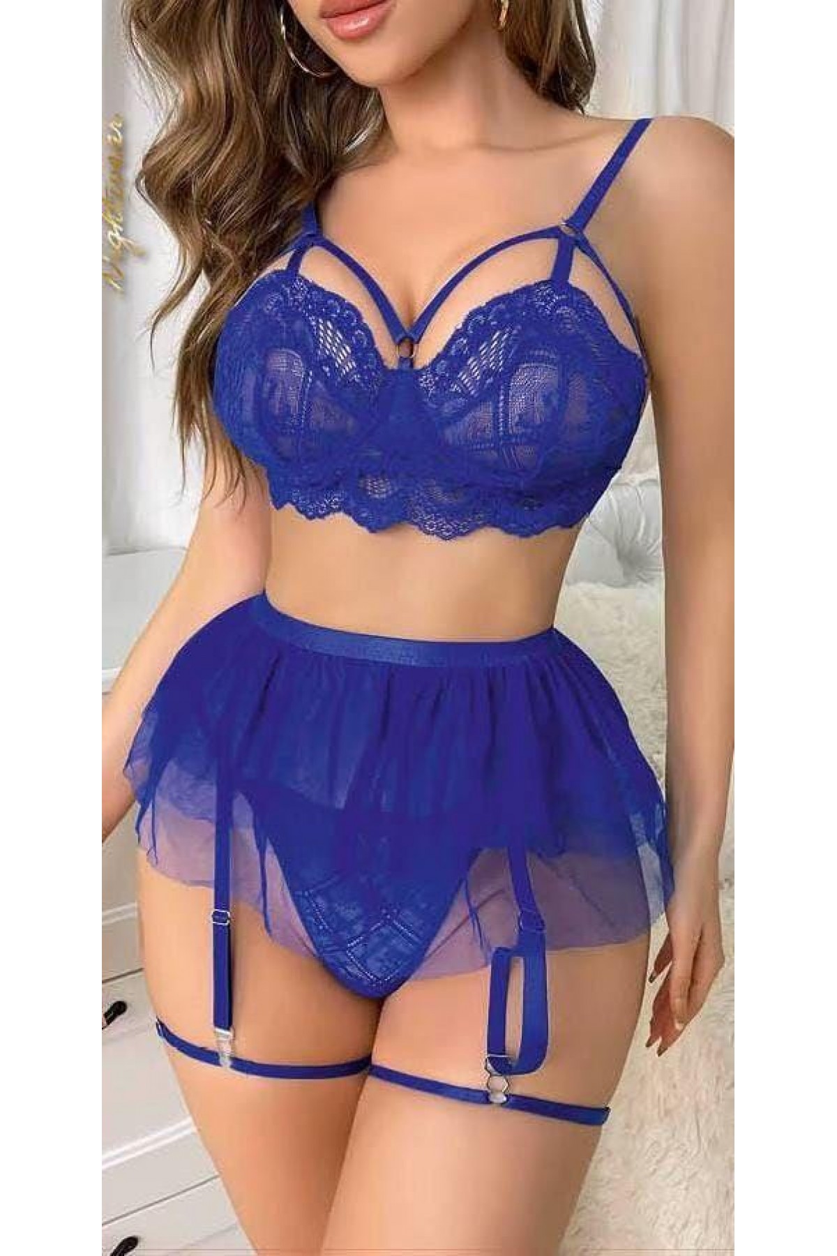 Mavi Bel Tüllü Kadın Seksi Fantazi Jartiyer Takım 2092 S/M