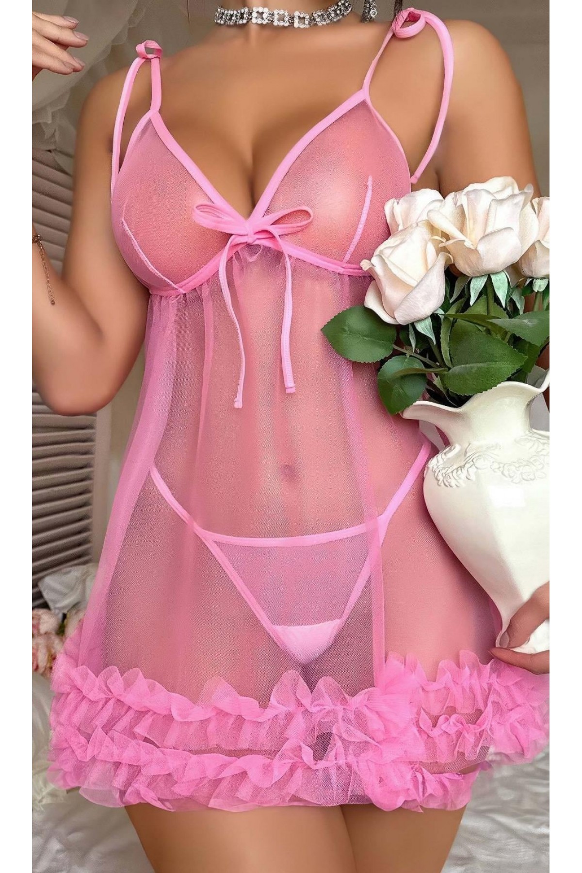 Pembe Kdın Fantezi Gecelik Tül 2096 S/M
