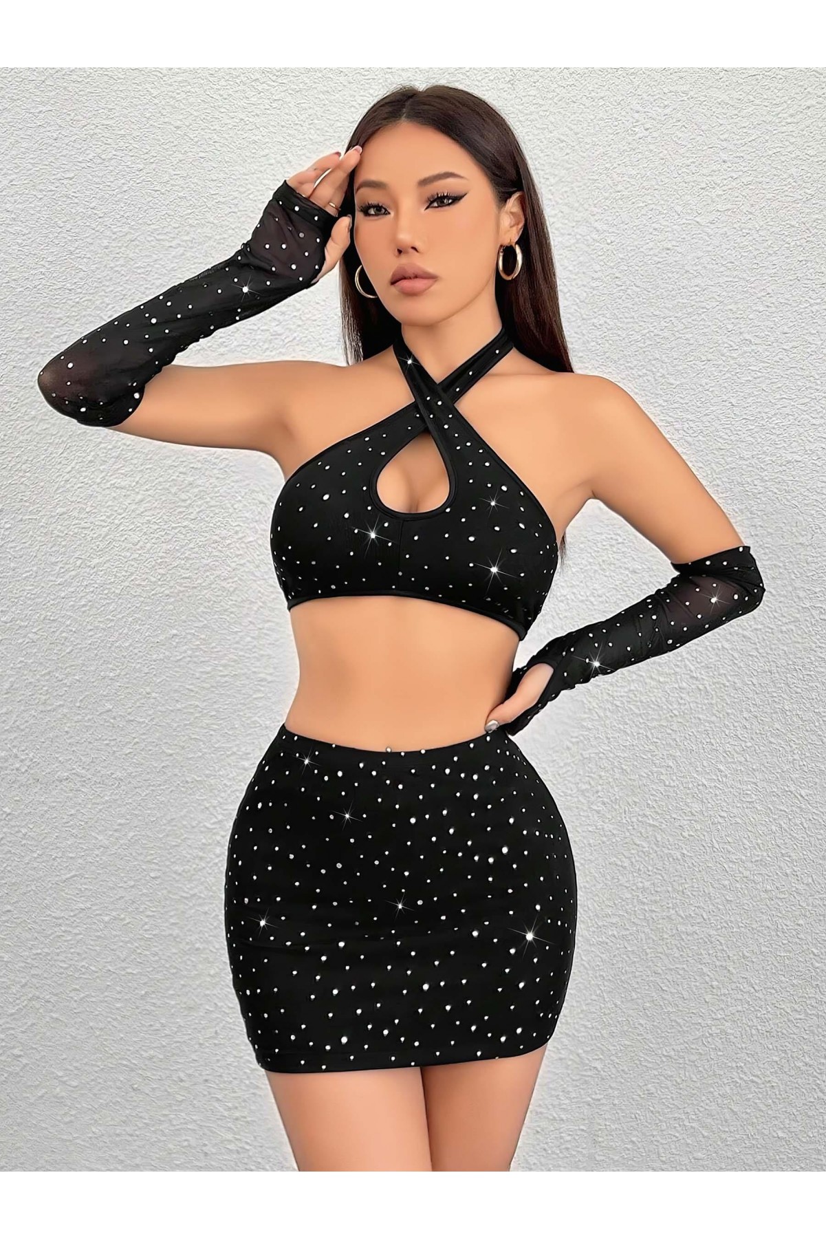 Siyah Seksi Elbise Zincirli Parlak 6668