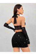 Siyah Seksi Elbise Zincirli Parlak 6668