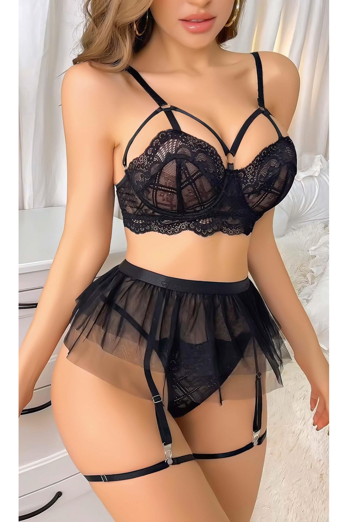 Siyah Tül Etek Fantazi Jartiyer Takım 2086 SİYAH