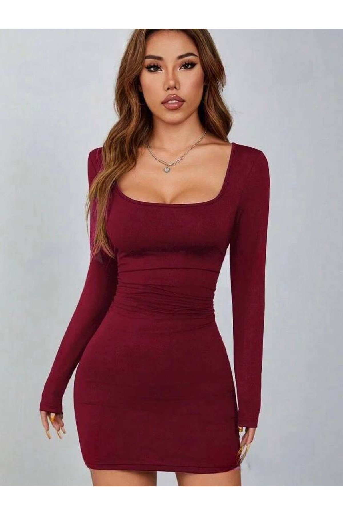 Kadın Uzun Kollu Kare Yaka Mini Elbise