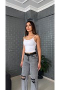 Kadın Gri Diz Yırtık Dantel Detaylı Geniş Paça Jean Pantolon
