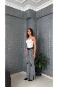 Kadın Gri Diz Yırtık Dantel Detaylı Geniş Paça Jean Pantolon