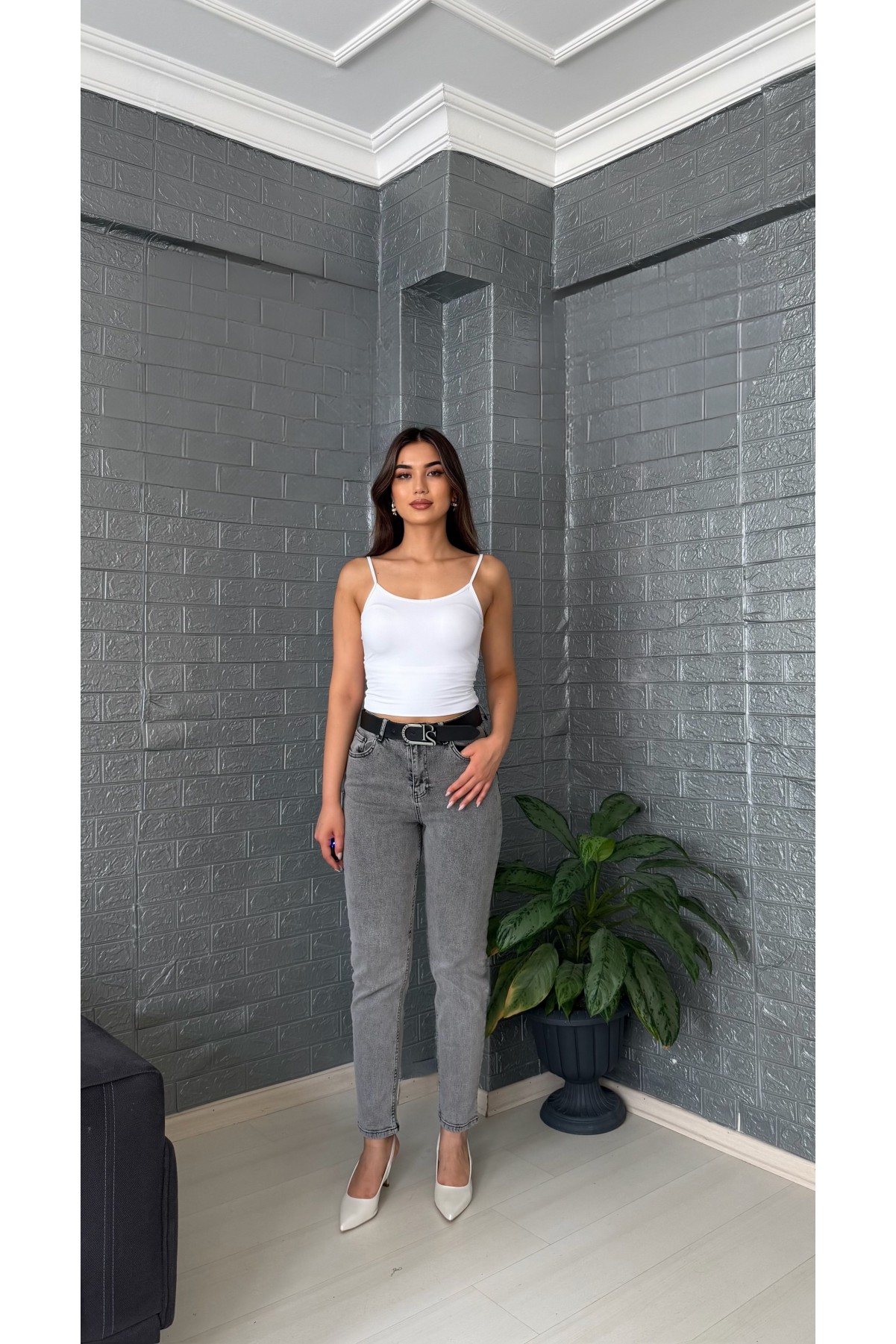 Kadın Gri Yüksek Bel Likralı Slim Fit Jean Pantolon